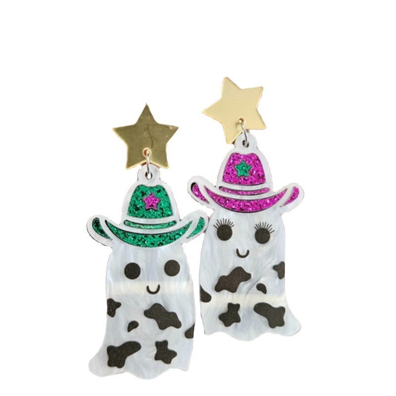 Lindo sombrero vaquero occidental de Halloween con estrella y motivos de vaca, acrílico, accesorio asimétrico de fiesta para mujer