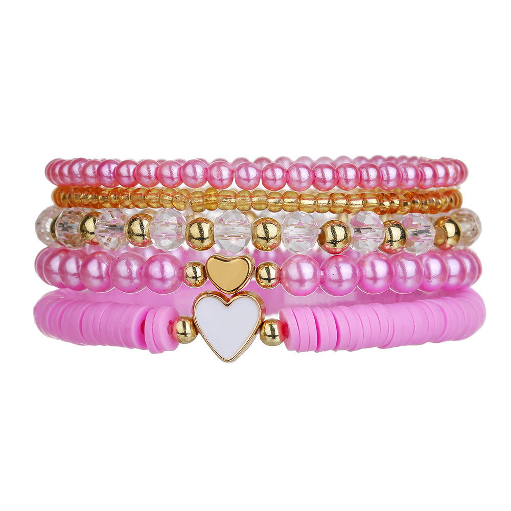 Bohemian Heart Drip Oil Resin and Pearl Beaded Stretch Bracelet Set for Kids