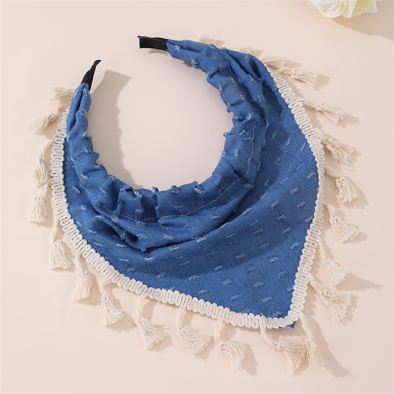 Bohemian Floral Print Headband for Kids with Lace Trim and Tassel Accents in Fabric Material