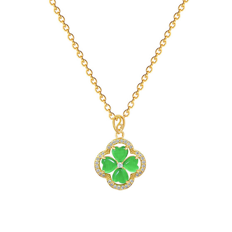 Cartoon Style Four-Leaf Clover Pendant Necklace in Stainless Steel with Rhinestone Inlay for Women and Unisex Wear
