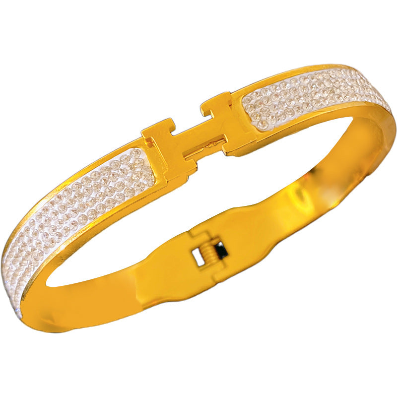 Paved Rhinestone Letter Open Cuff Titanium Steel Bracelet for Women