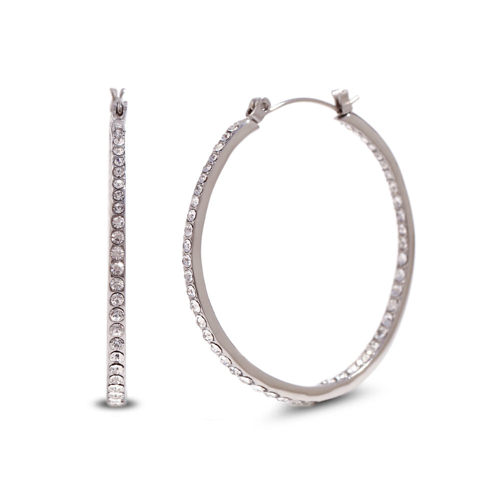 Minimalist Geometric Stainless Steel Earrings with 18K Gold Plating and White Rhinestone Inlay for Women
