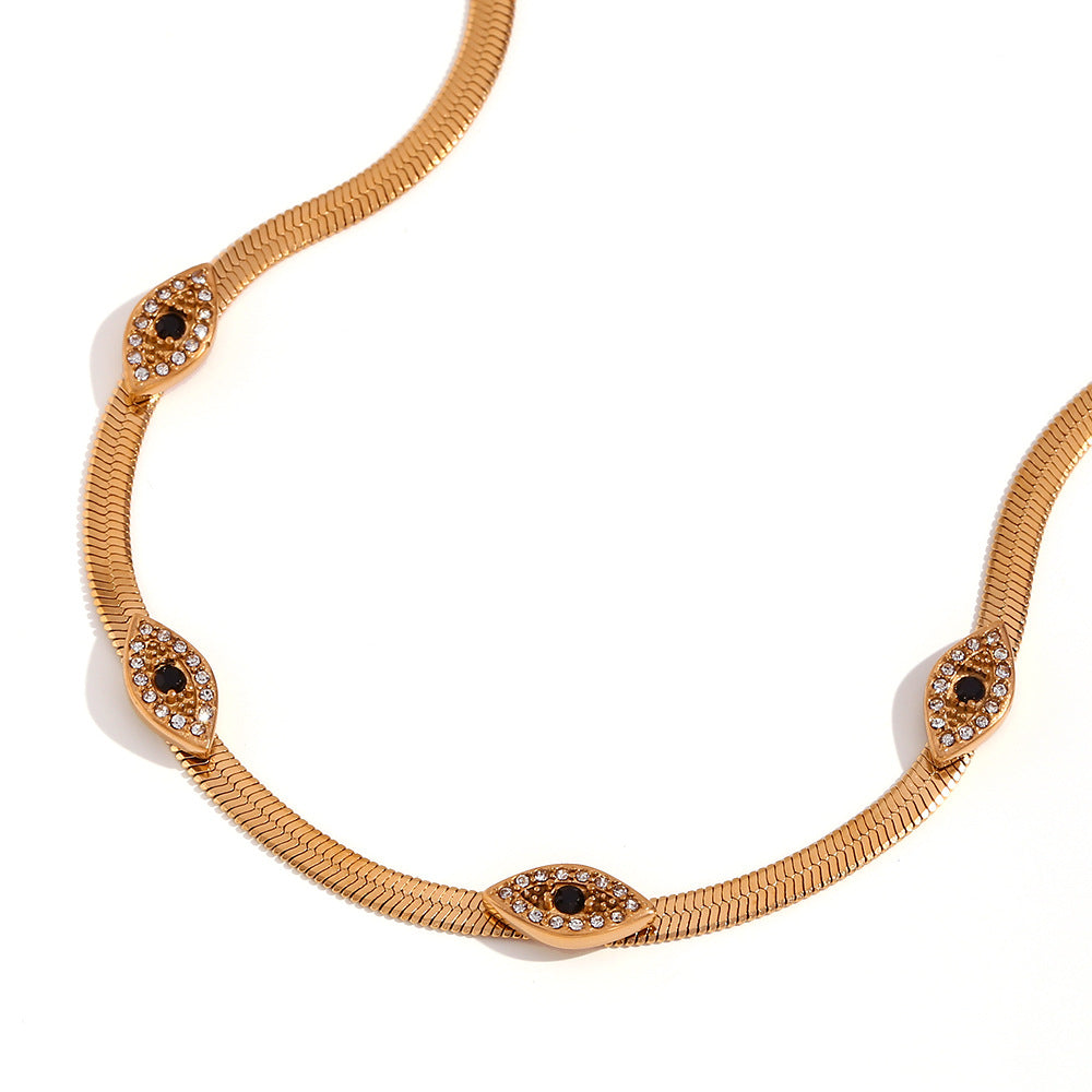 Fashionable Evil Eye Pendant Necklace in Stainless Steel with 18K Gold Plating and Rhinestone Inlay, Geometric Design on Blade Chain for Women