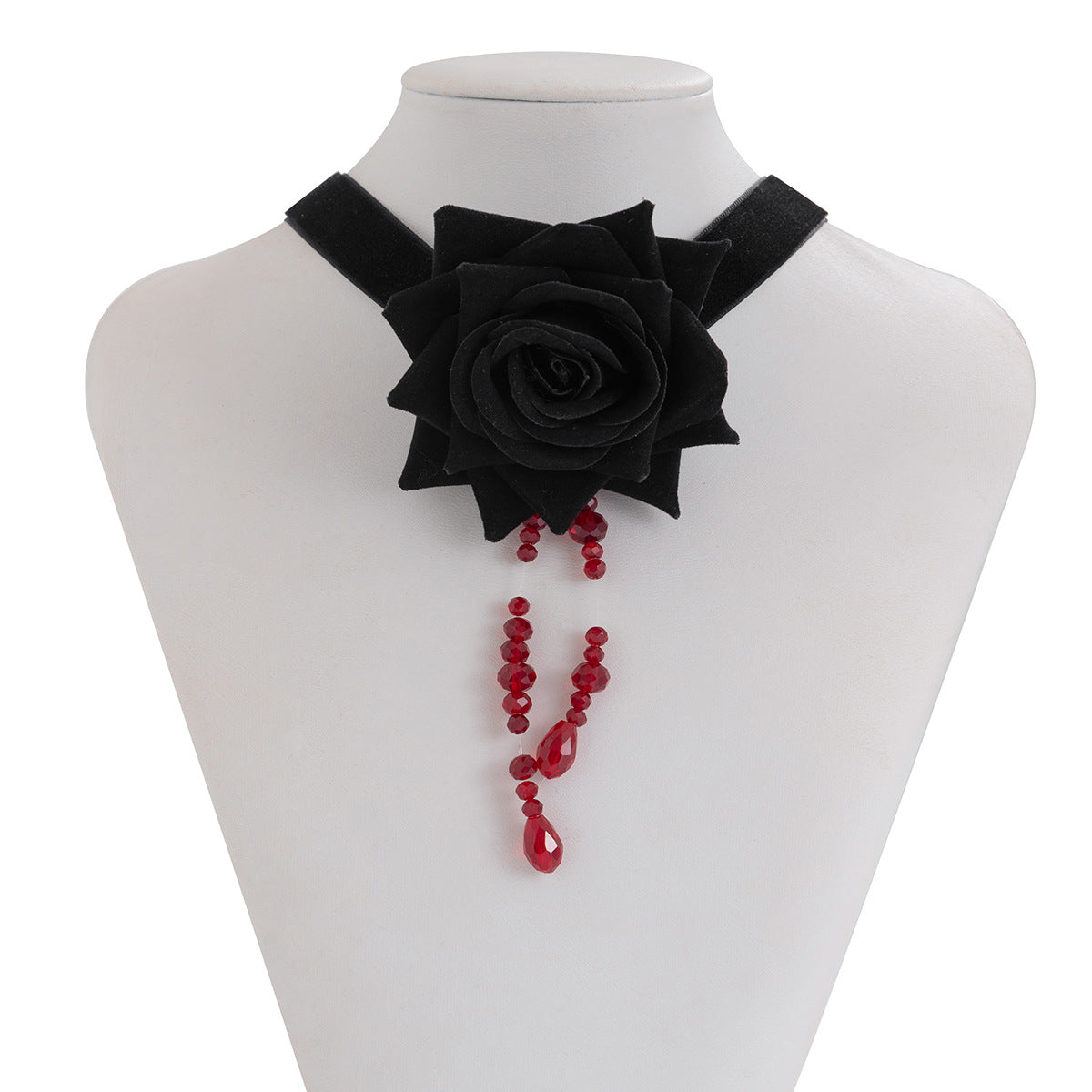 Girocollo in Tessuto Punk Gothic Dolce con Ciondolo a Goccia di Sangue, Design Floreale a Rosa e Dettagli Nappa per Donne