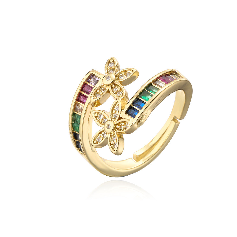 Minimalist Geometric Open Ring for Women with Cubic Zirconia Flower Accents in Copper