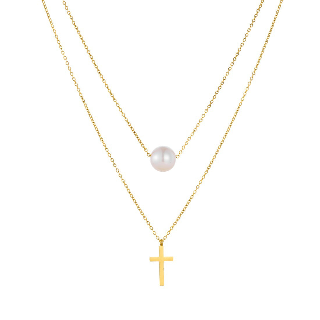 Gold Plated Stainless Steel Cross Pearl Pendant Necklace Double Layer Fine Chain for Women