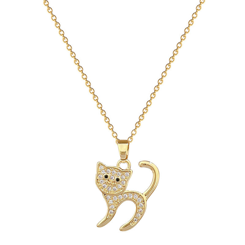 Minimalist Scared Cat Pendant Necklace for Women Stainless Steel Snake Chain with Rhinestone Accents Geometric Design