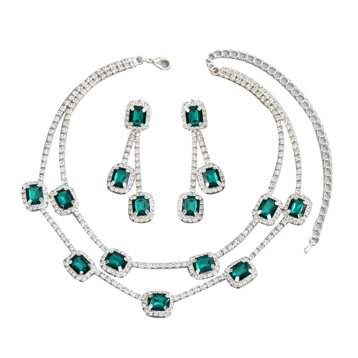 Set di collana a due strati lusso minimalista con ciondolo verde smeraldo e intarsi in diamante per donna, catena a serpente con motivo geometrico e orecchini a cerchio abbinati