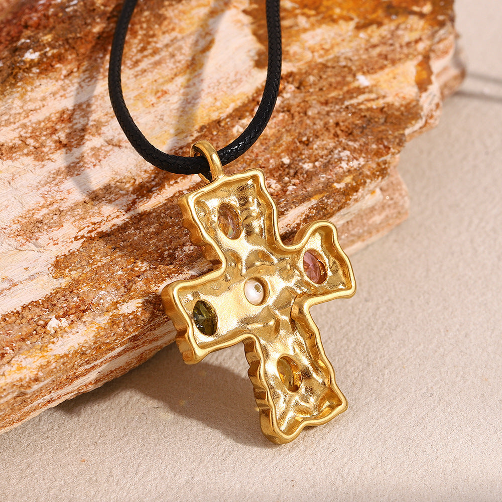 Fashionable Geometric Cross Pendant Necklace for Women Stainless Steel with 18K Gold Plating and Hammered Texture on Black Cord