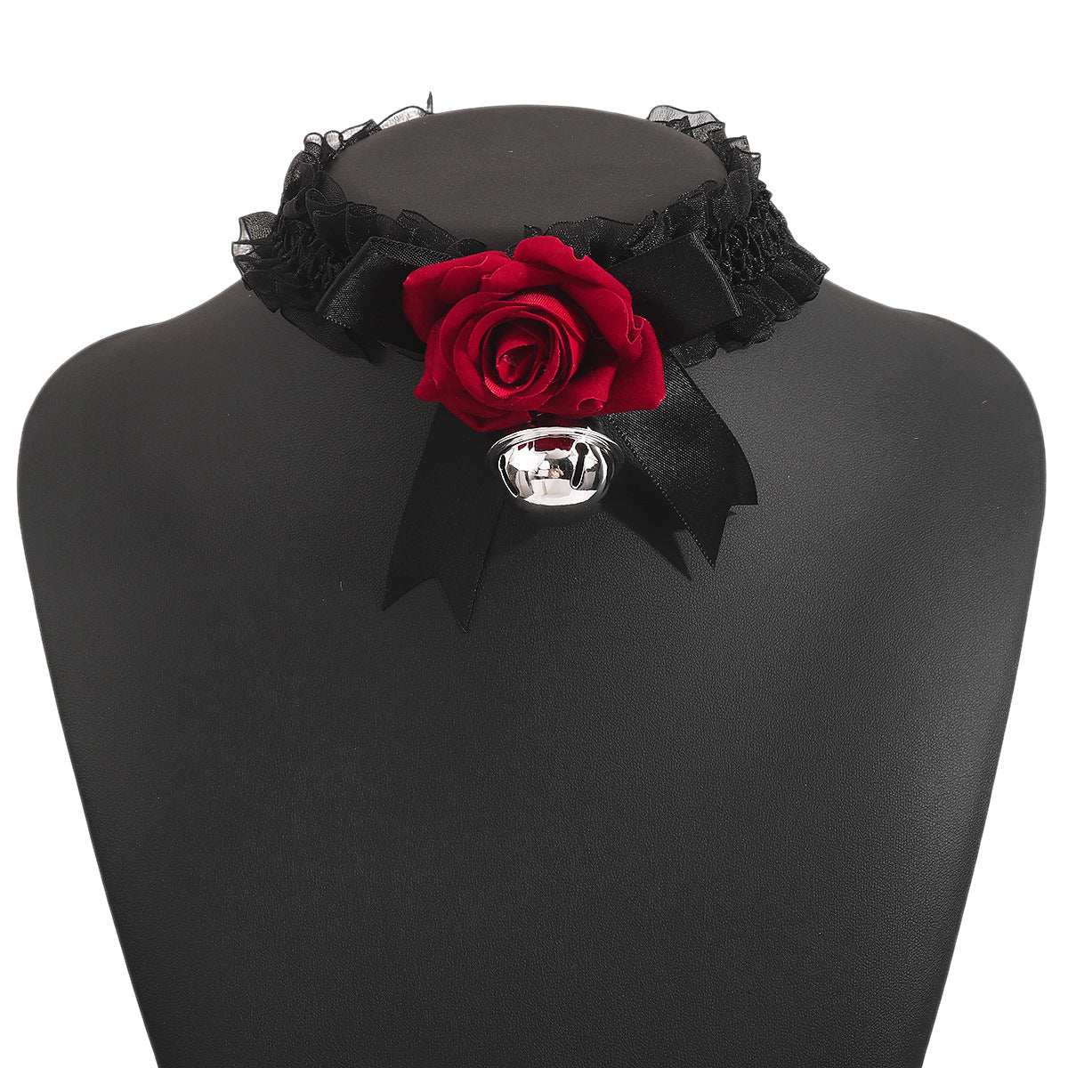 Gargantilla romántica oscura con lazo y rosa floral con encaje y cadena de hierro para mujer