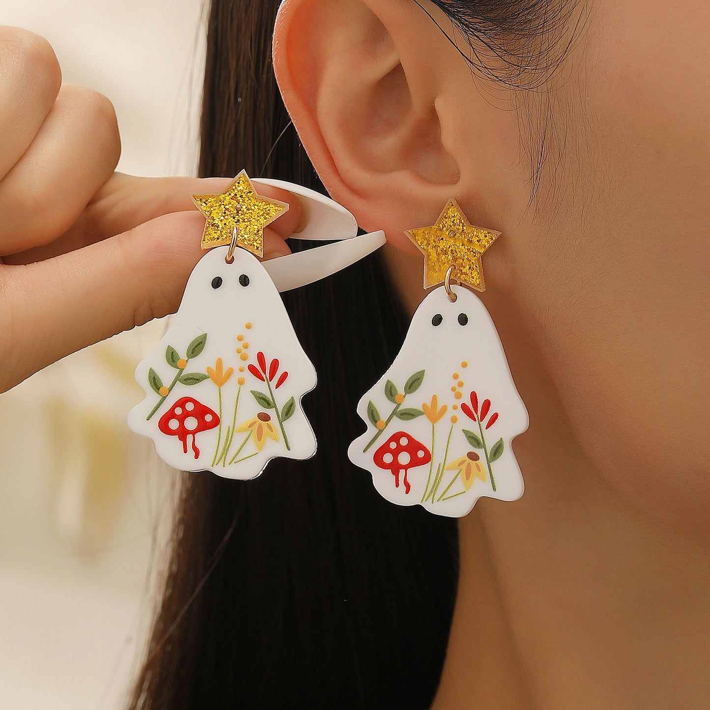 Pendientes góticos de madera de calavera de Halloween, flamenco, calabaza y fantasma con estampado