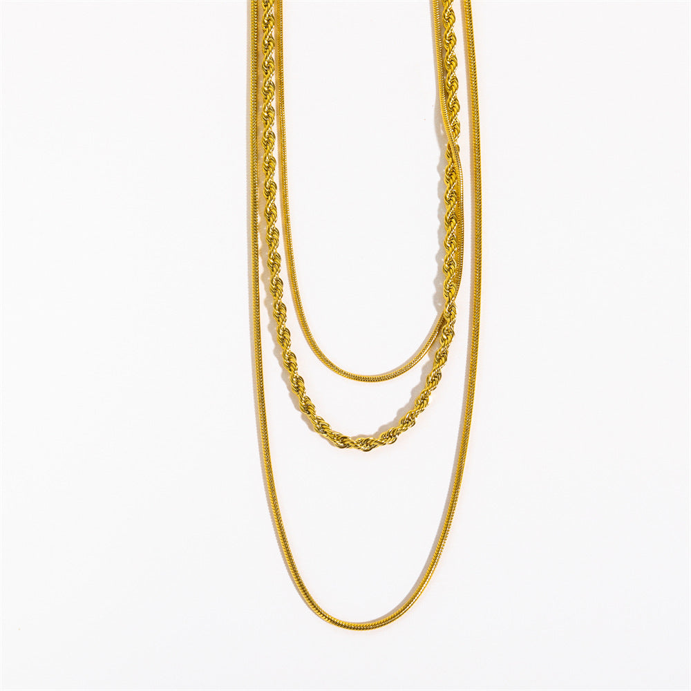 Vintage Stainless Steel U-Shape Layered Necklace with Snake and Rope Chains