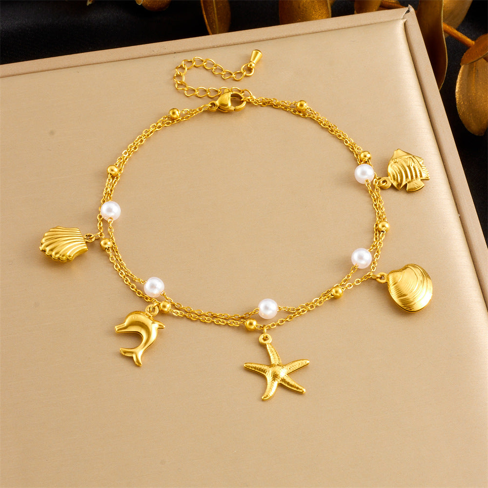 Beach Vacation Ocean Style Stainless Steel Shell Starfish Tropical Fish Pendant Anklet for Women