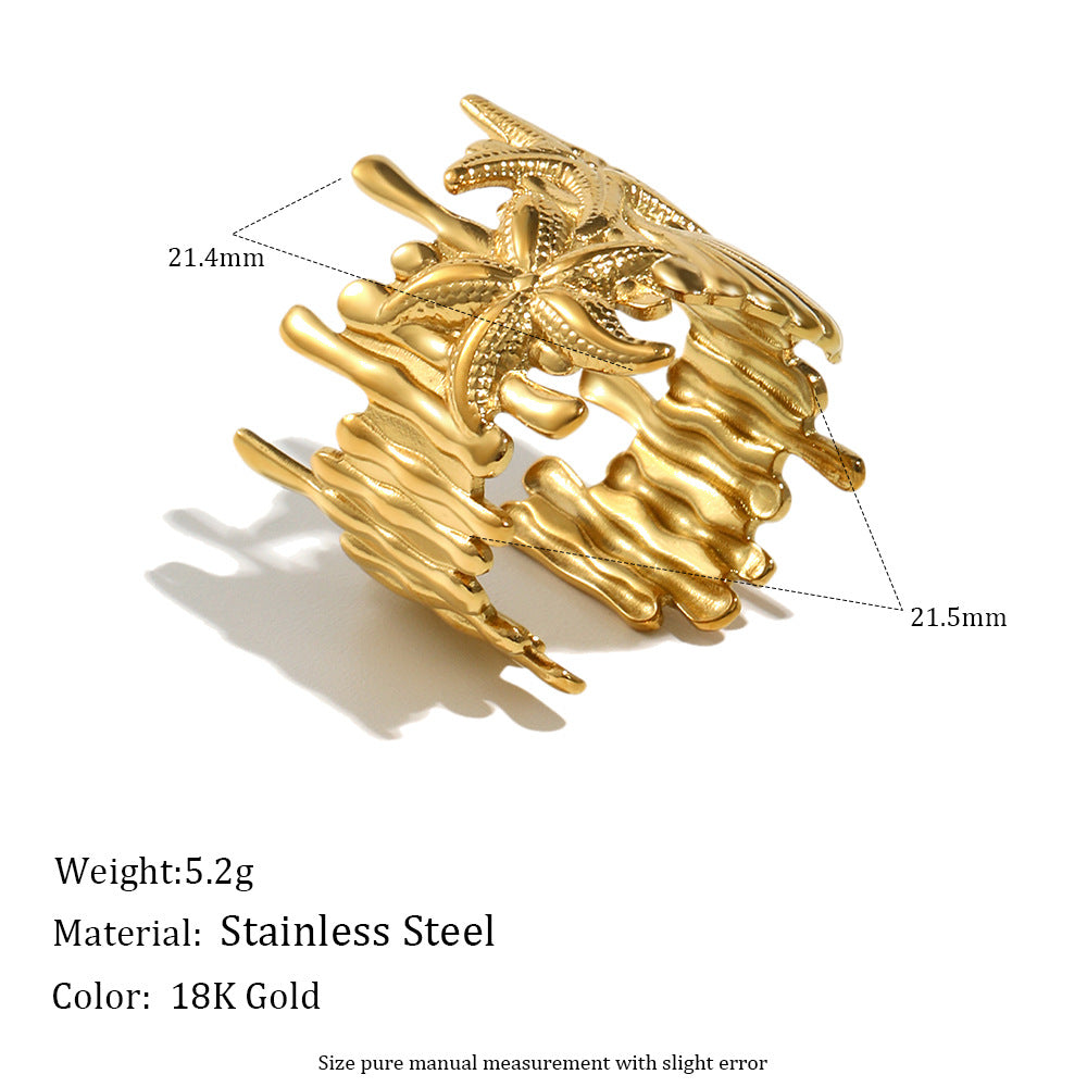 Anello aperto minimalista con stella marina e conchiglia in acciaio inossidabile placcato oro 18 carati da donna