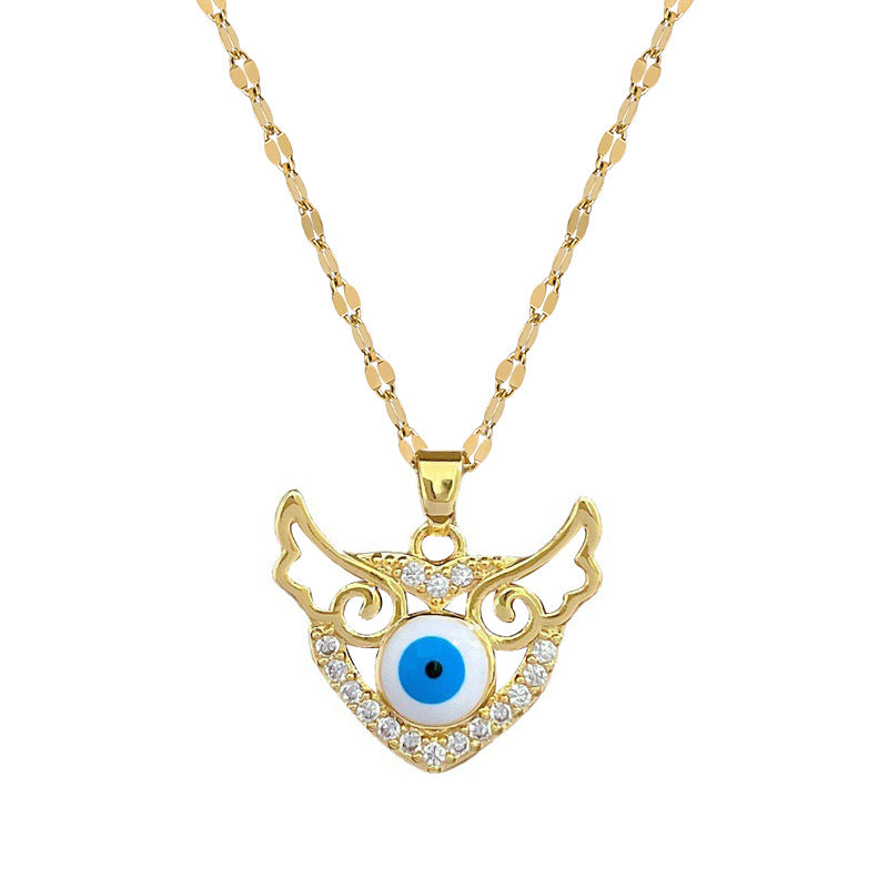 Collana girocollo di lusso a cuore e ali da donna in acciaio al titanio con finitura placcata, design geometrico, motivo luna, catena delicata