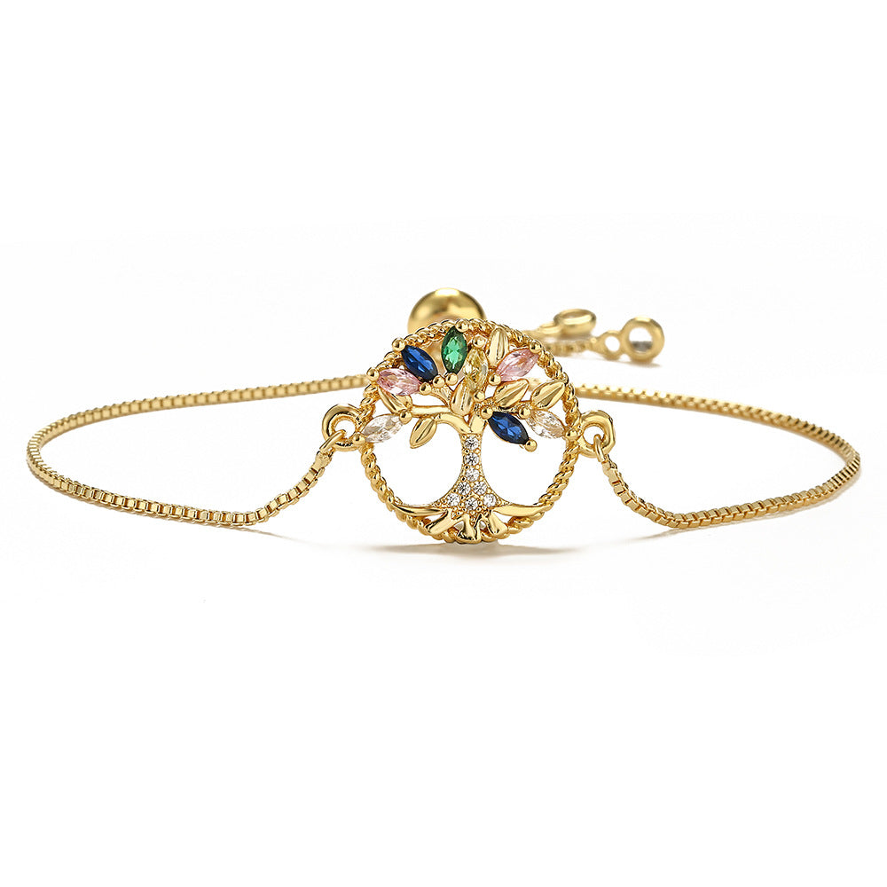 Fashion-Forward Geometric Tree of Life Eye Charm Bracelet for Women in Brass with Real Gold Plating and Micro-Pave Zirconia