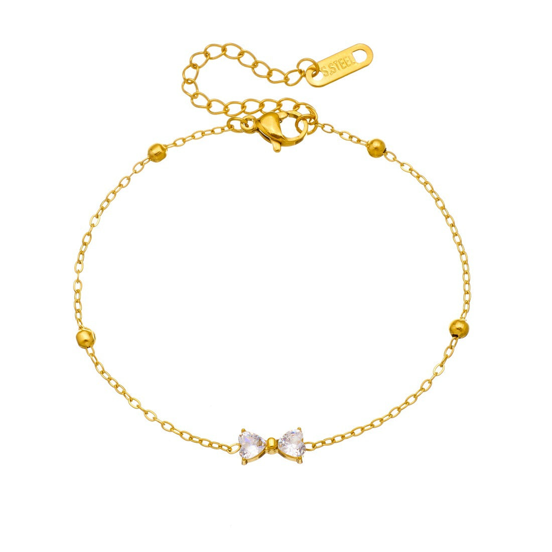 Minimalist Elegant Gold Plated Rhinestone Bow Knot Stainless Steel Bracelet for Women
