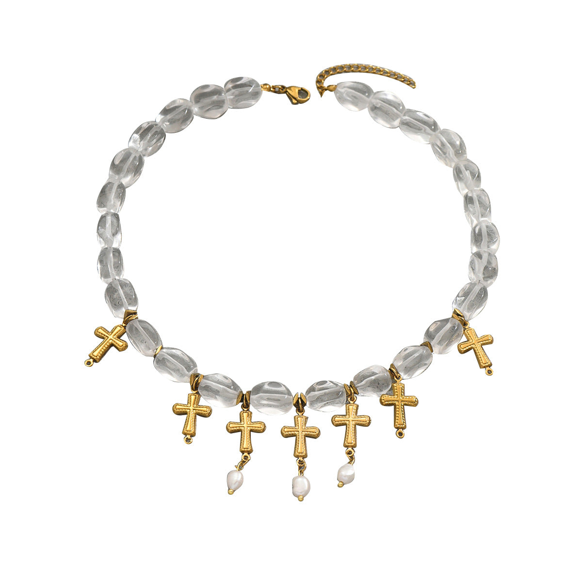 Collar con dije de cruz geométrica para mujer, con incrustaciones de perlas y cadena de cobre, en estilo minimalista a la moda.
