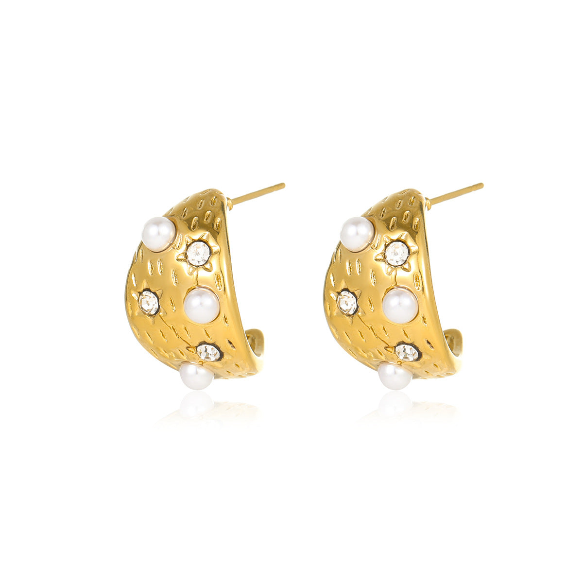 Vintage-Style Geometric Pearl and Zirconia Stainless Steel Stud Earrings for Women with Plated Finish