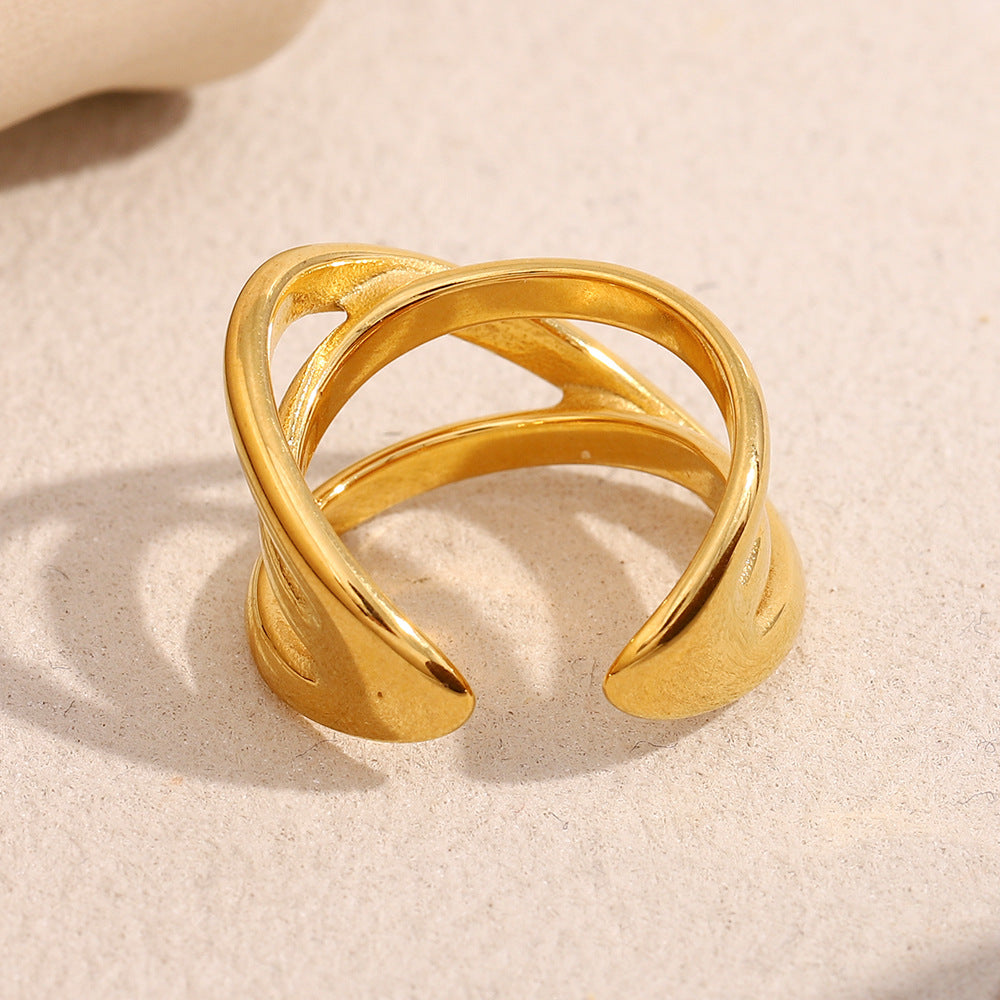 Vintage-Inspired Geometric Stainless Steel Ring with 18K Gold Plating for Women