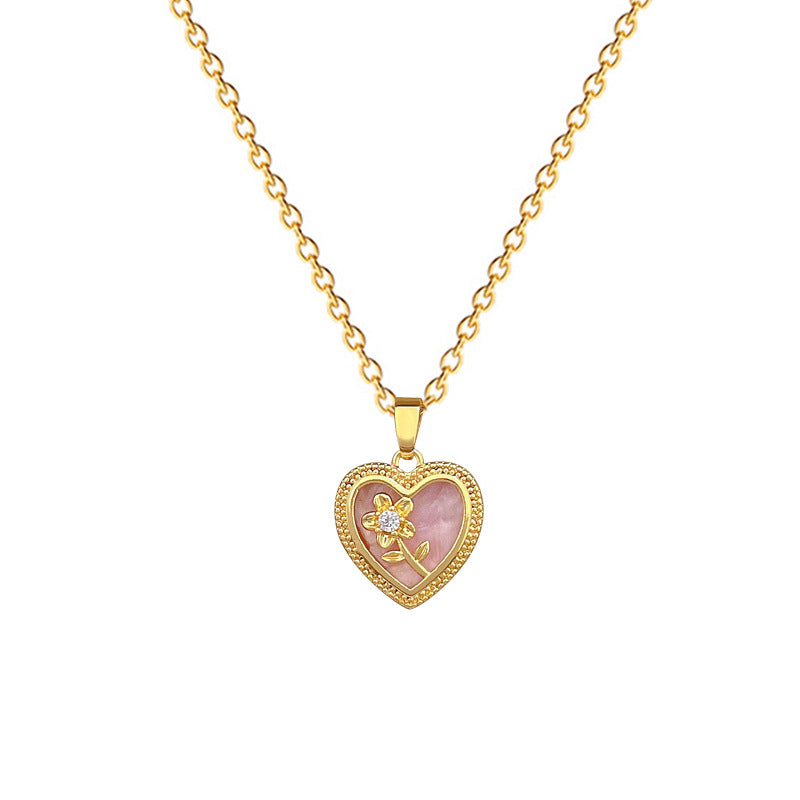 Encantador collar con colgante floral en forma de corazón para mujer, de acero inoxidable, minimalista, elegante, cadena para clavícula con detalles de diamantes de imitación