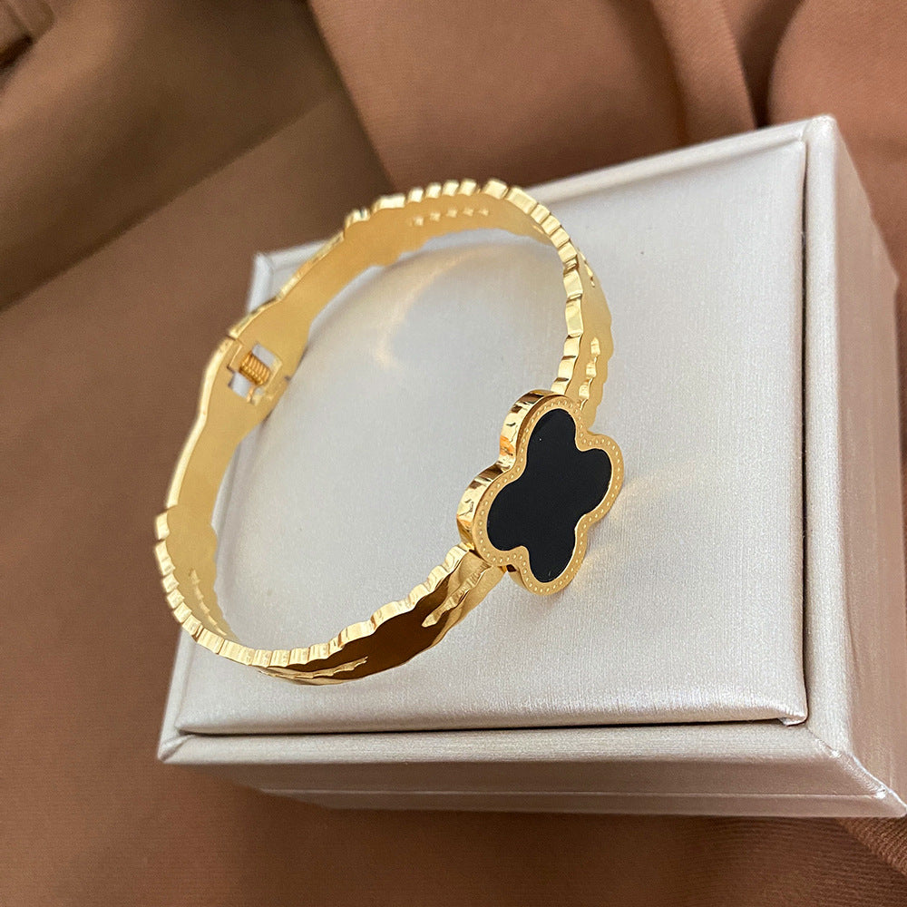 Minimalist Four-Leaf Clover Titanium Steel Bracelet for Women with Plated Finish and Geometric Design