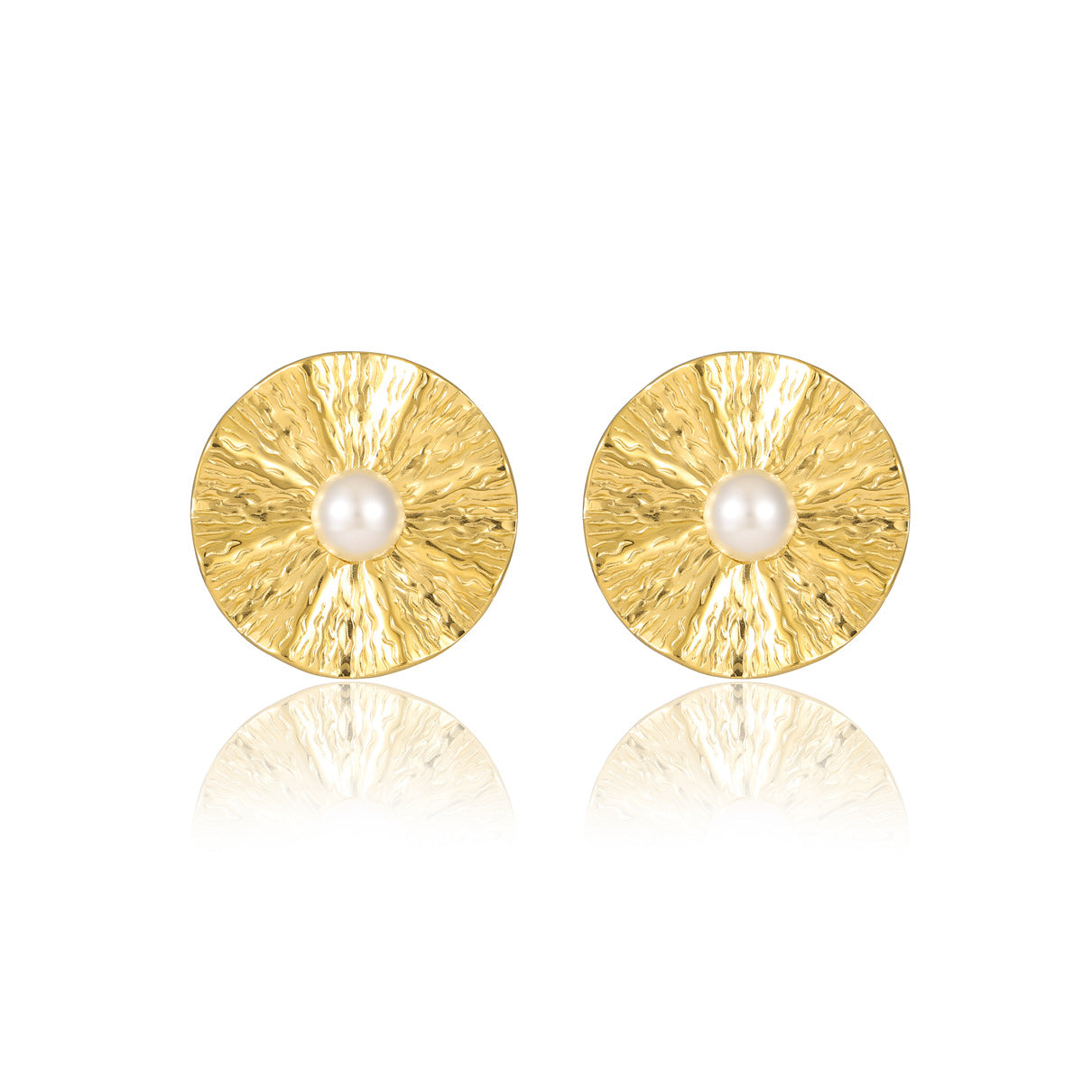 Pendientes de botón de acero inoxidable con perlas redondas y volantes irregulares estilo vintage para mujer con acabado chapado