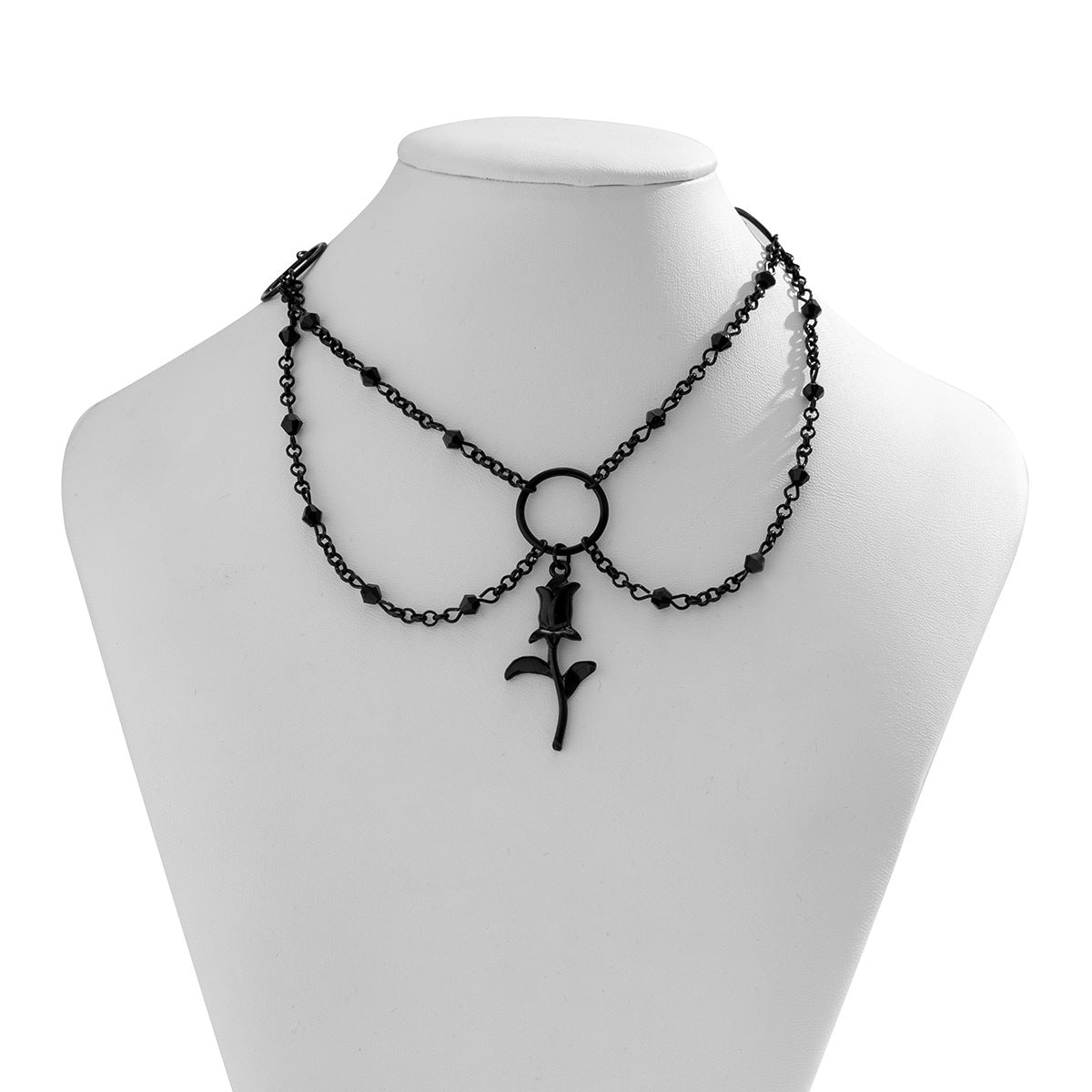 Gothic Dark Sweet and Cool Alloy Choker Necklace with Rose Pendant Geometric Shape Enamel Finish and Fringe Detail