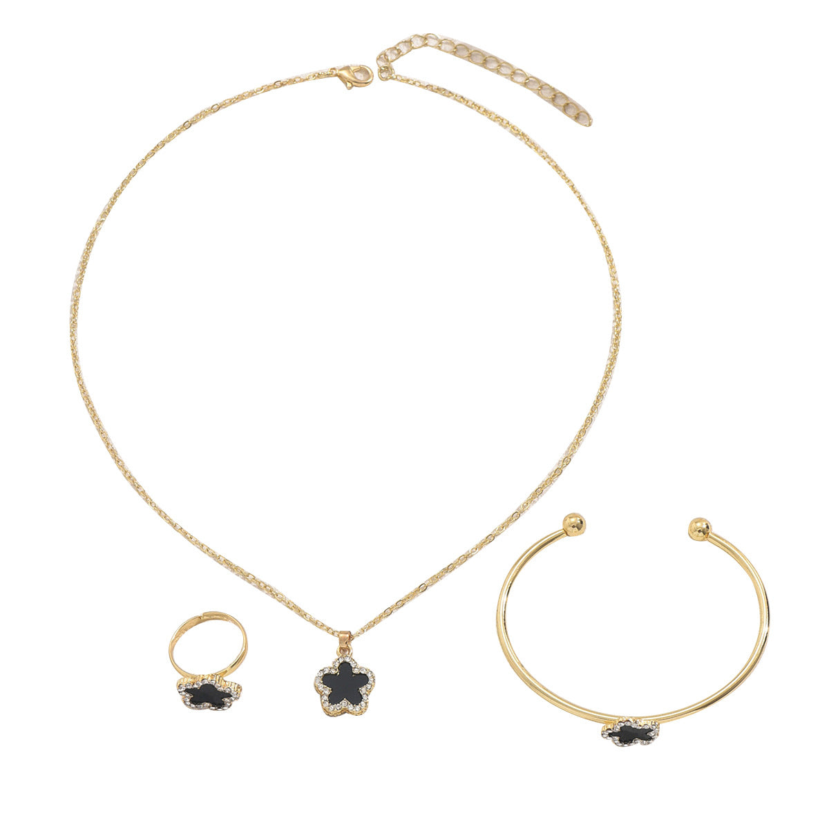 Elegant Plum Blossom Design Alloy Necklace Bracelet Earrings and Ring Set with Rhinestone Inlay for Women