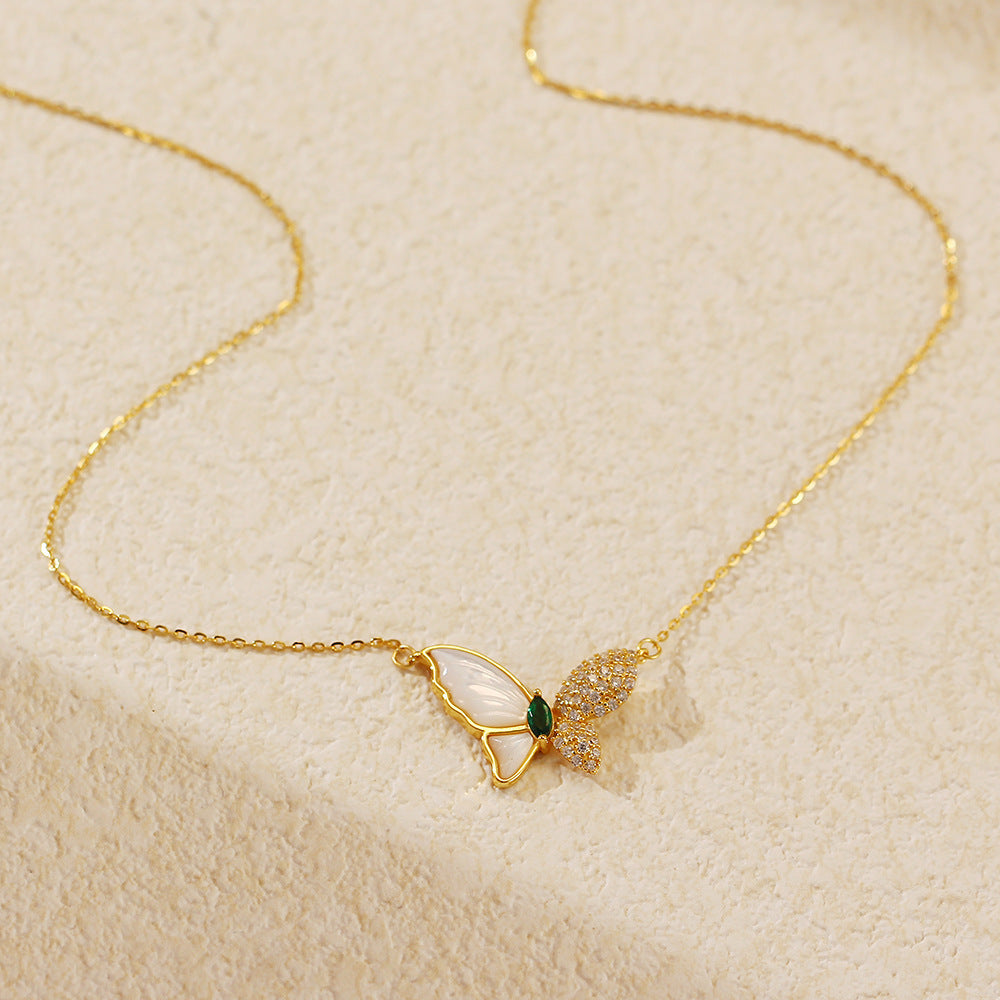 Elegant 925 Sterling Silver Plated Butterfly Mother of Pearl Pendant Necklace Curb Chain for Women