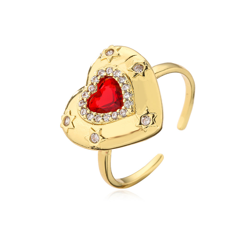Vintage Geometric Open Ring for Women with Copper Base Plated in 18K Gold and Inlaid with Zircon Heart Accent
