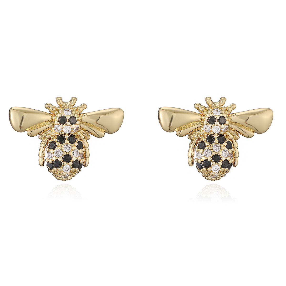 Exquisite 18K Gold Plated Brass Geometric Cat and Bee Stud Earrings with Cubic Zirconia for Women