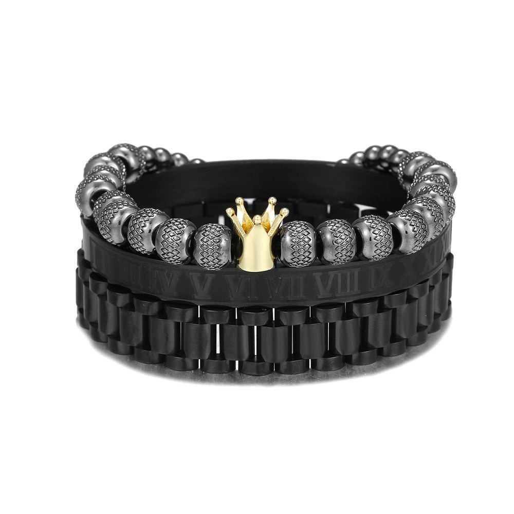Crown Shape Cubic Zirconia Inlay Stainless Steel Rope Chain Bracelet Set for Unisex