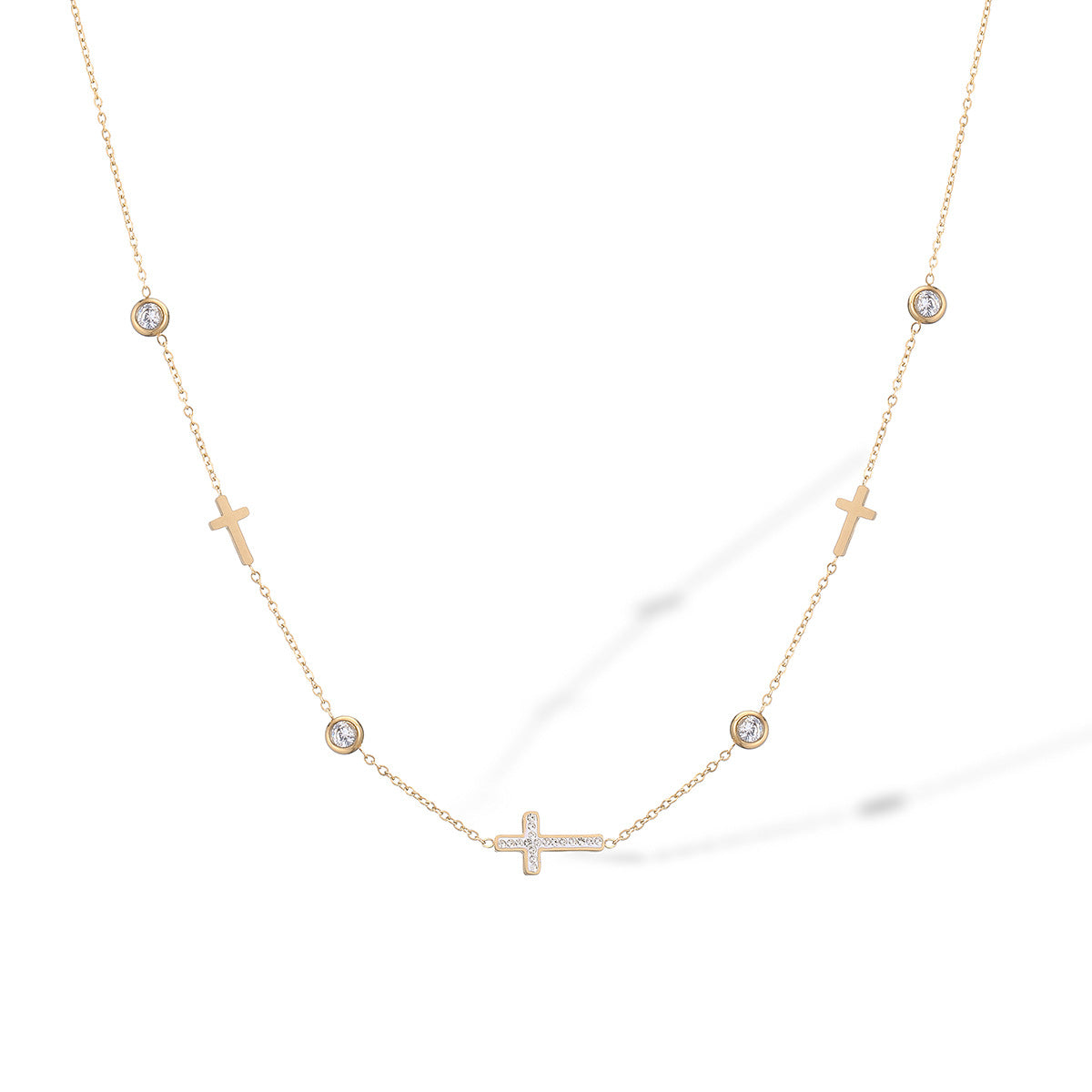 Minimalist Cross Pendant Necklace for Women in Titanium Steel with Real Gold Plating and Zircon Inlay