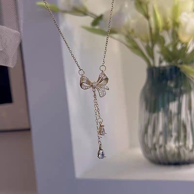 Original Design Tassel Bowknot Zircon Necklace 18K Gold Plated Titanium Steel O-Chain Unisex Jewelry