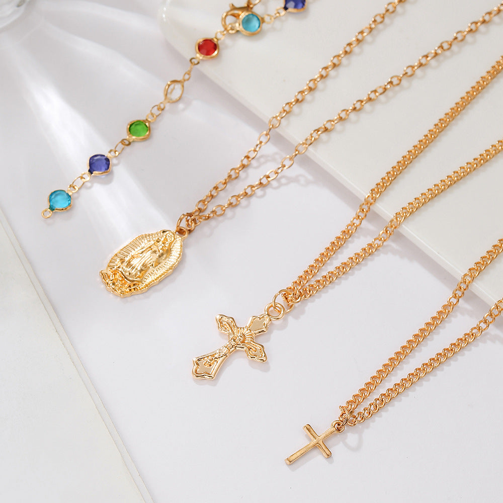 Colorful Rhinestone Cross Geometric Pendant Necklace Set with Cable Chain