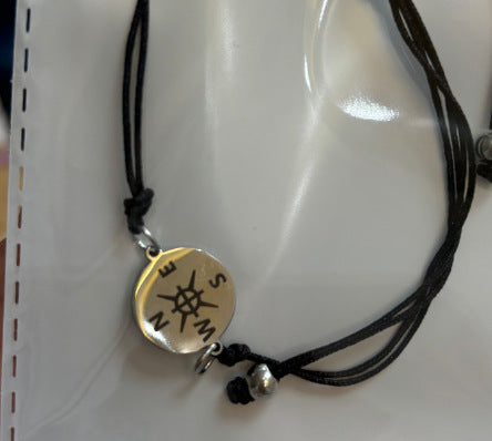 Minimalist Natural Braided Charm Bar Bracelet with Compass Pendant and Blessing Card