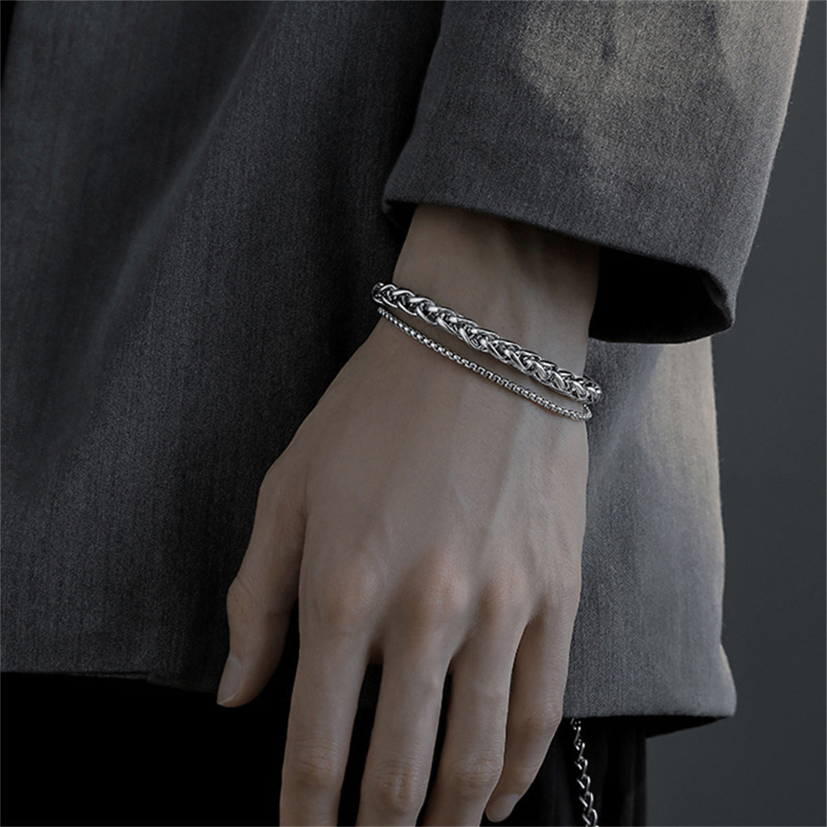 Geometric Hip-Hop Style Polished Stainless Steel Dual-Layer Bracelet for Men