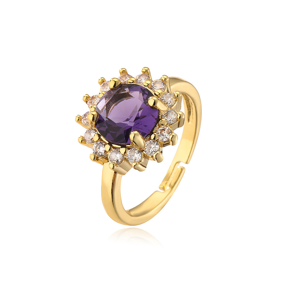 Anello aperto da donna minimalista geometrico floreale in ottone con placcatura in oro 18 carati e intarsio di zirconi
