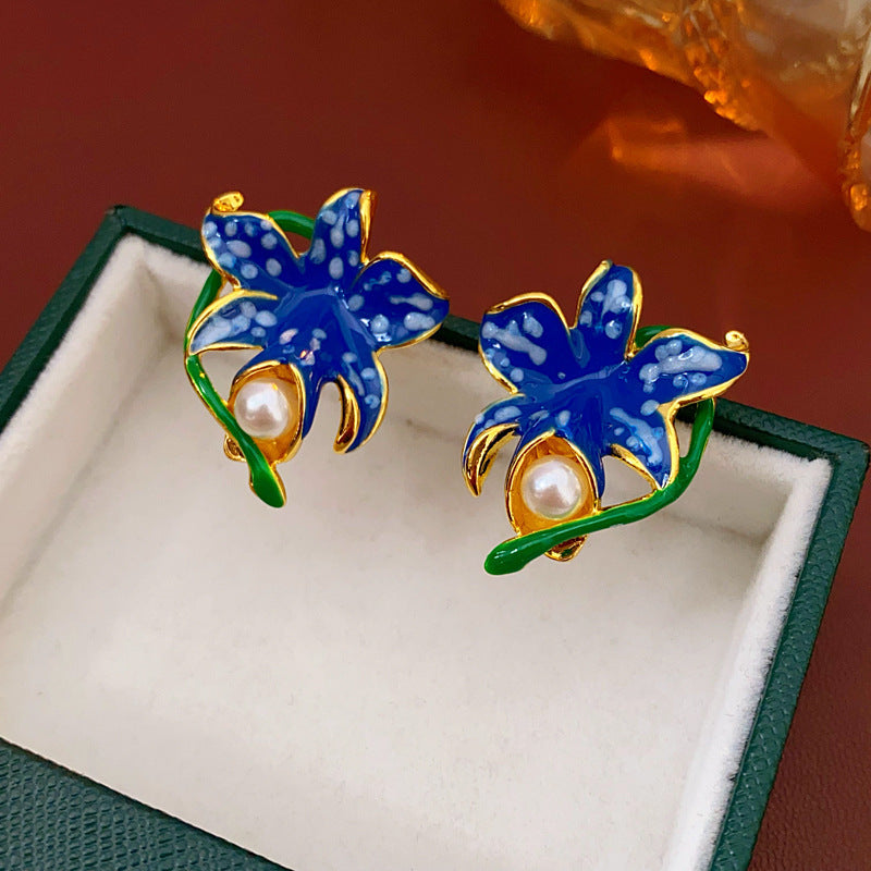 Chic Geometric Enamel Blue Green Contrast Stud Earrings for Women with Stainless Steel Posts