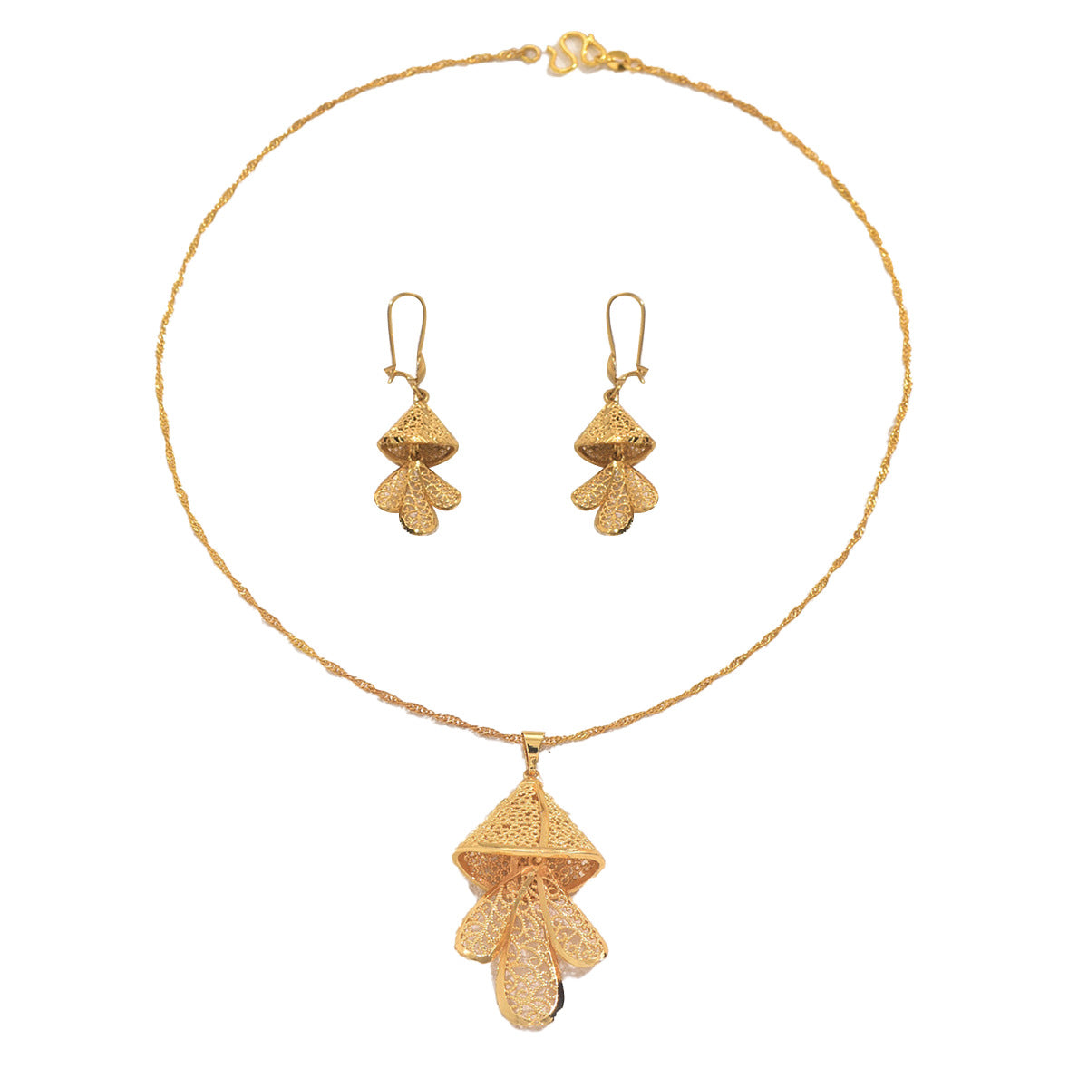 Conjunto de collar y pendientes con colgante floral de estilo lujoso para mujer en cobre con acabado chapado