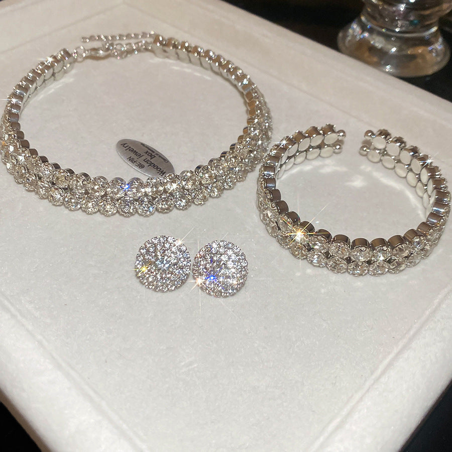 Luxury Rhinestone-Inlaid Round Double-Layer Necklace Bracelet Earrings Set for Women with Clavicle Chain Geometric Design Elegant Fashion Accessory