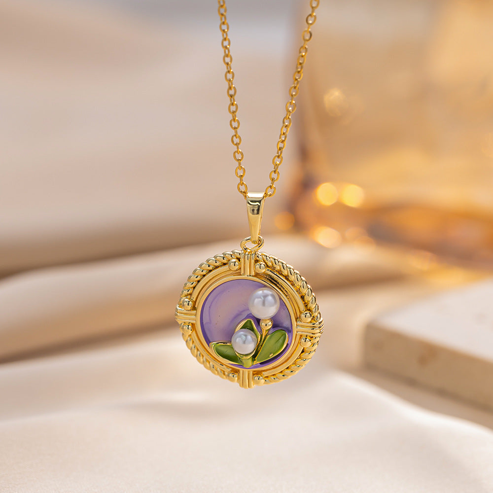 Elegant Floral Pendant Necklace for Women in Titanium Steel with Enamel Tulip Rose and Camellia Design on O-Chain