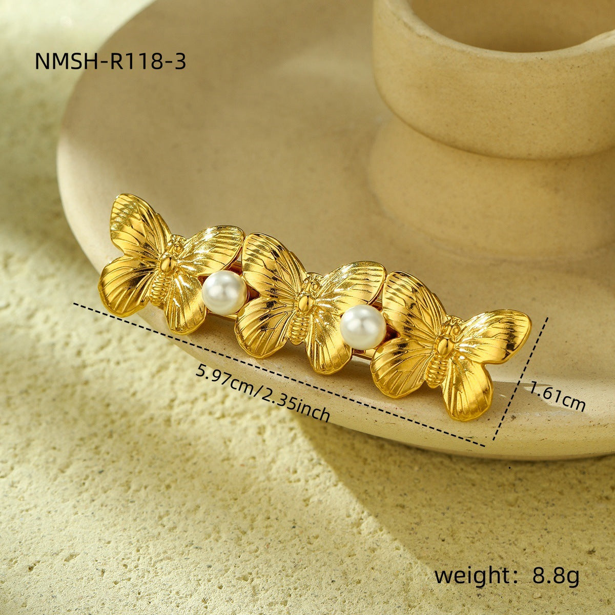 Pinza para el cabello de acero inoxidable con forma de mariposa de moda para mujer con detalles de perlas y festones, acabado galvanizado, diseño minimalista de una sola barra