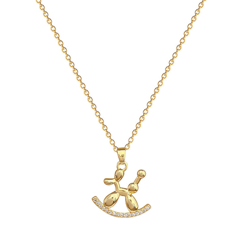 Collana con ciondolo a forma di cane geometrico in stile cartone animato in acciaio al titanio con intarsio di strass per donne e uomini, delicata catena clavicola