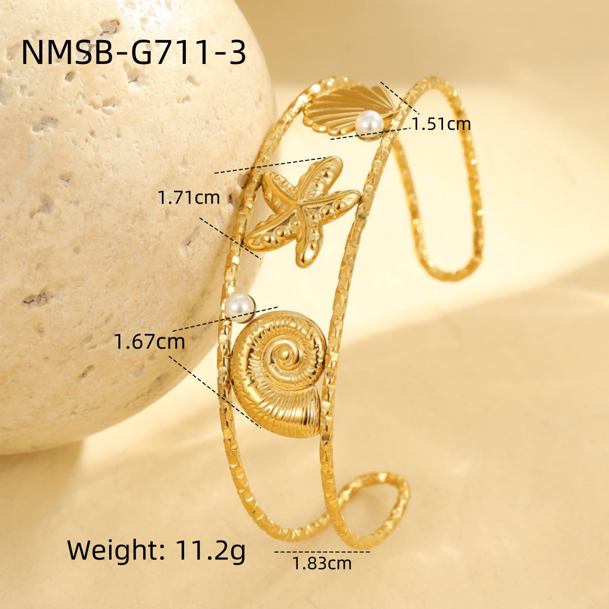 Pulsera de acero inoxidable con diseño de estrella de mar y concha, inspirada en el océano, con acabado chapado para mujer