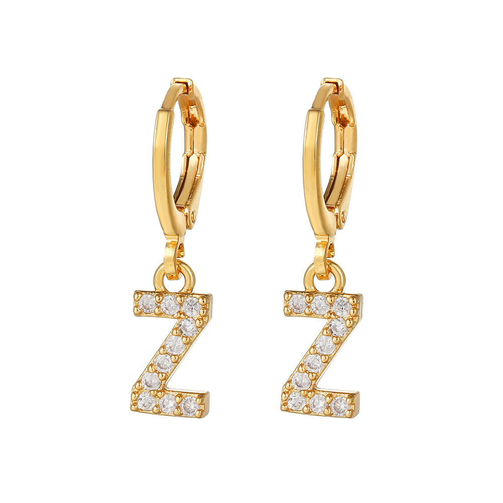 Minimalist Elegant Gold Plated Brass Micro-Inlaid Cubic Zirconia Letter Hoop Earrings for Women