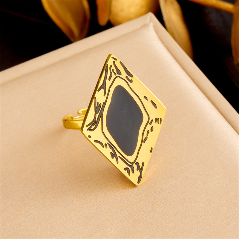 Fashion Contemporary Plated Stainless Steel Square Geometric Ring Earrings Necklace Set