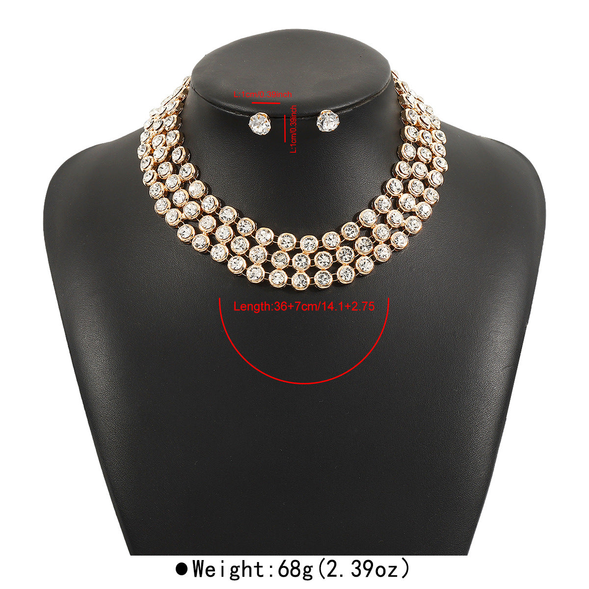 Collana girocollo e orecchini di lusso con perle e strass geometrici rotondi, con lavorazione a intarsio