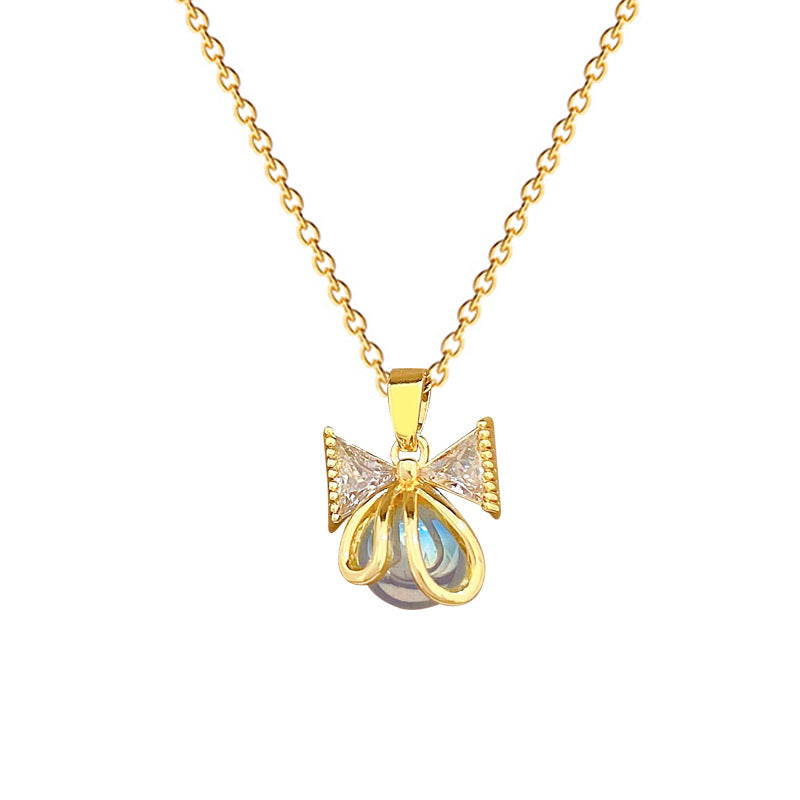 Sweet Minimalist Butterfly Pearl Rhinestone Brass Pendant Titanium Steel Necklace for Unisex